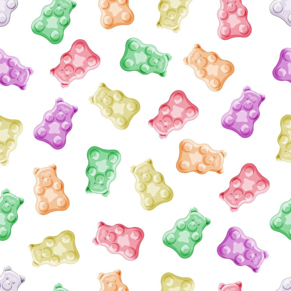 Various Gummy and Jelly Bears in pastel colors seamless pattern. Fruit and delicious sweets and candies. Cartoon style. Vector background