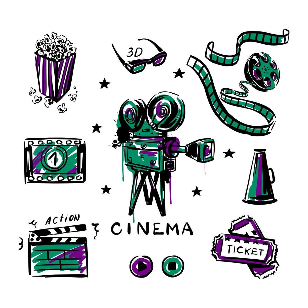 Vintage movie camera, popcorn, reel with tape sketch  on a white isolated background. Set cinema. Vector illustration