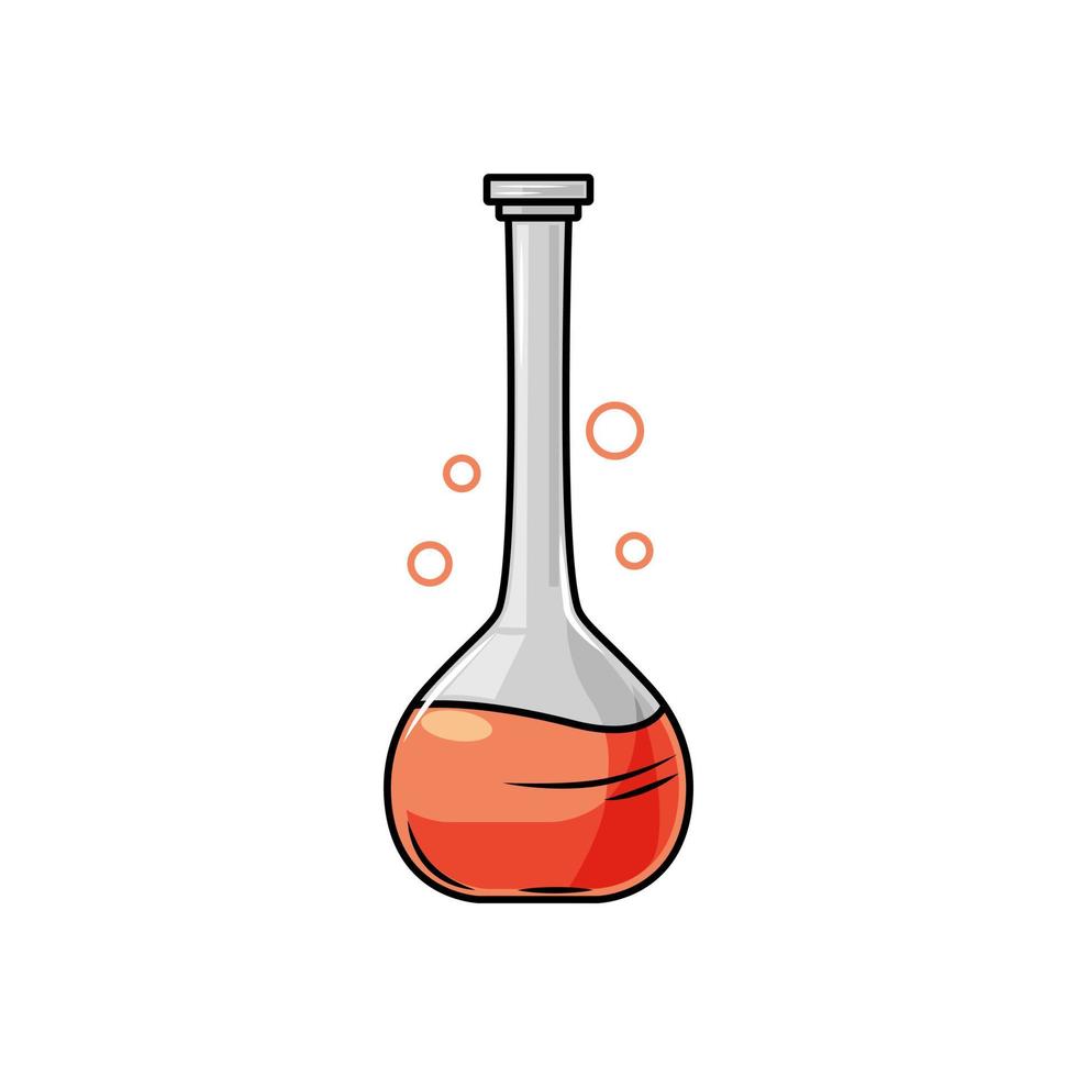 icono de matraz. los utensilios de laboratorio están llenos de un líquido rojo aislado en un fondo blanco. ilustración de dibujos animados vectoriales. vector