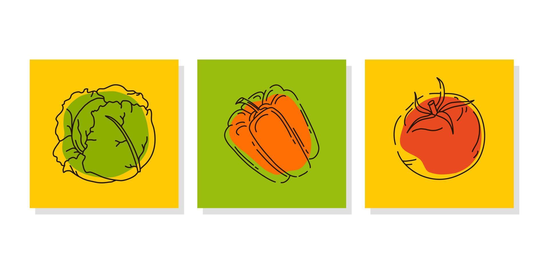Set of vegetable banners or posters for a farmer market or food fair. Bright abstract icons. Vector illustration