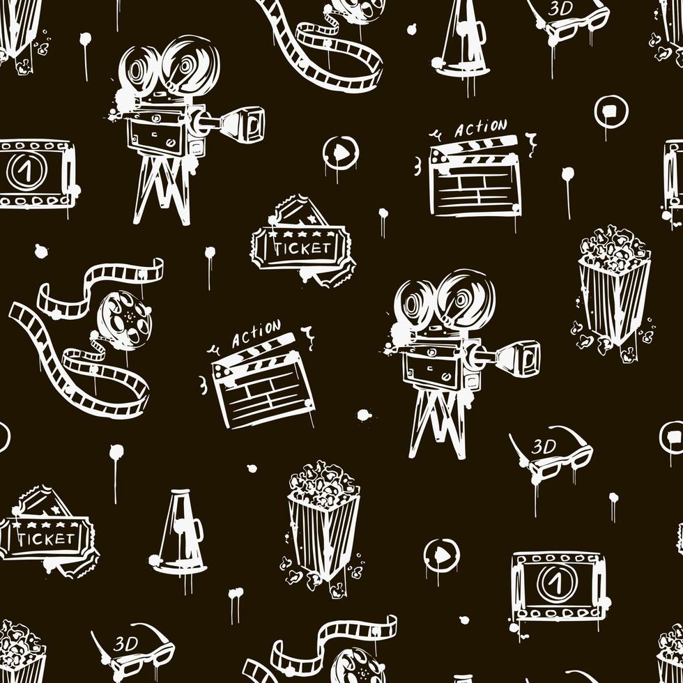 Cinema seamless pattern with vintage camera, popcorn, clapper  , 3d glasses. Black and white. Hand-drawn vector vintage background