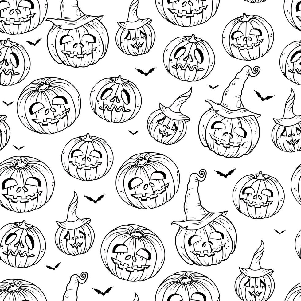 Halloween pumpkins and bats outline seamless pattern on a white isolated background. Coloring book. Vector illustration