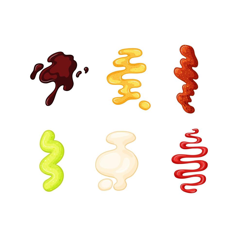 Sauces spots set on a white isolated background. Soy, mayonnaise, ketchup, mustard splashes vector illustration.