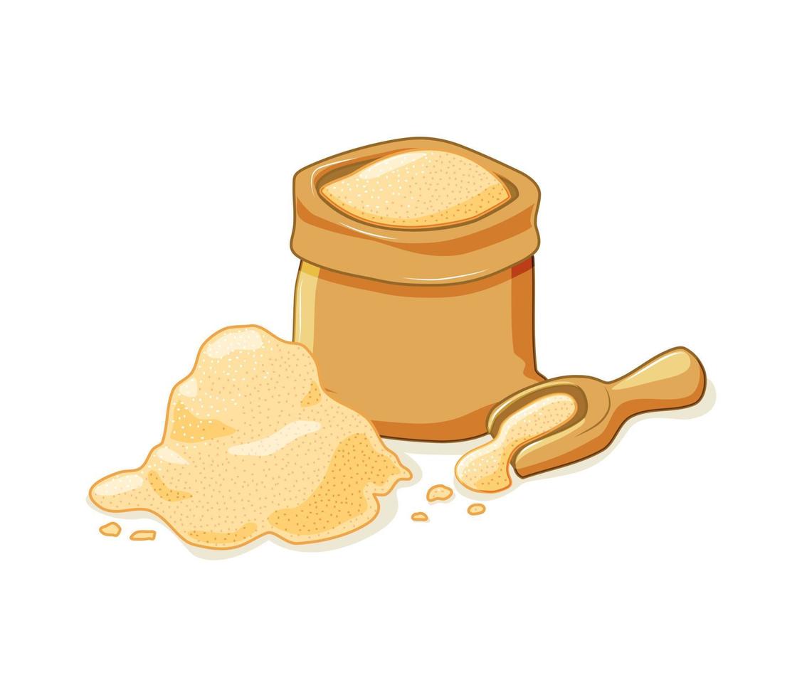 Cane sugar in an open bag and scattered. Set on a white isolated background. Vector illustration of a cartoon. Sugar in fabric sack mockup