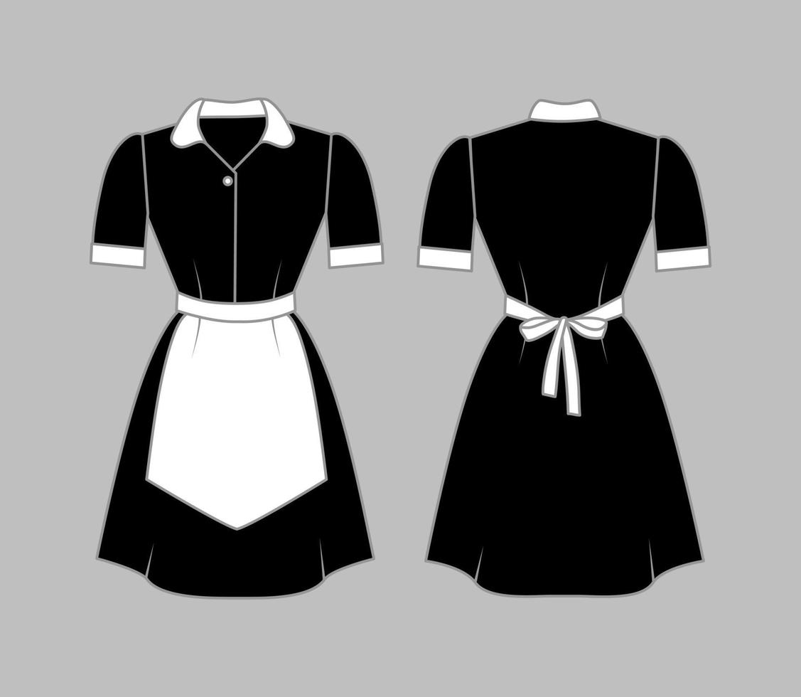 Maid uniform front and rear view. Women's clothing with a white apron, cuffs and collar. Vector illustration.