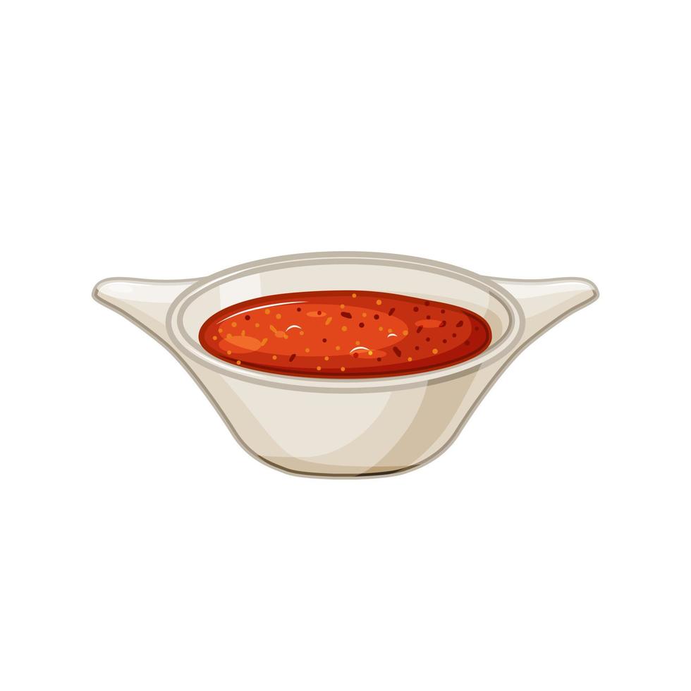 Tazón de salsa picante sobre un fondo blanco aislado. Condimento. ilustración de dibujos animados vectoriales de alimentos. vector