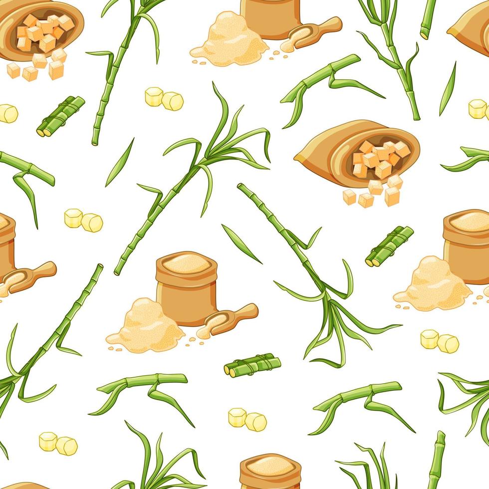 Sugar cane seamless pattern on a white background. Stems, leaves, brown sugar in a cartoon-style bag. Vector background