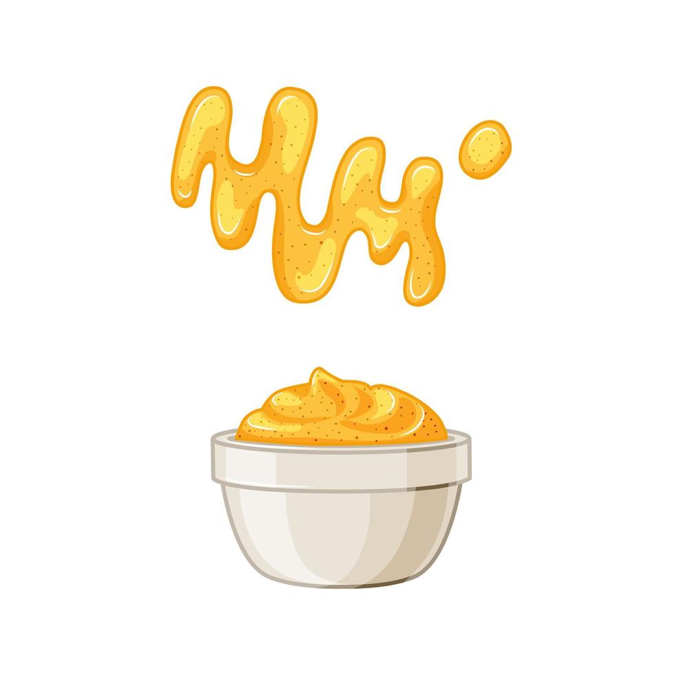 Mustard sauce in a bowl and a spot on a white isolated background. Vector illustration of food in a cartoon style.