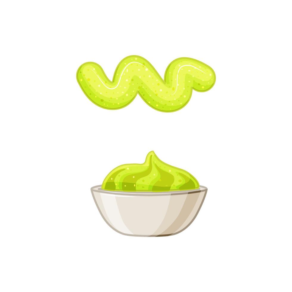 Wasabi bowl on a white isolated background. Squeezed sauce. Asian cuisine. Vector cartoon illustration.