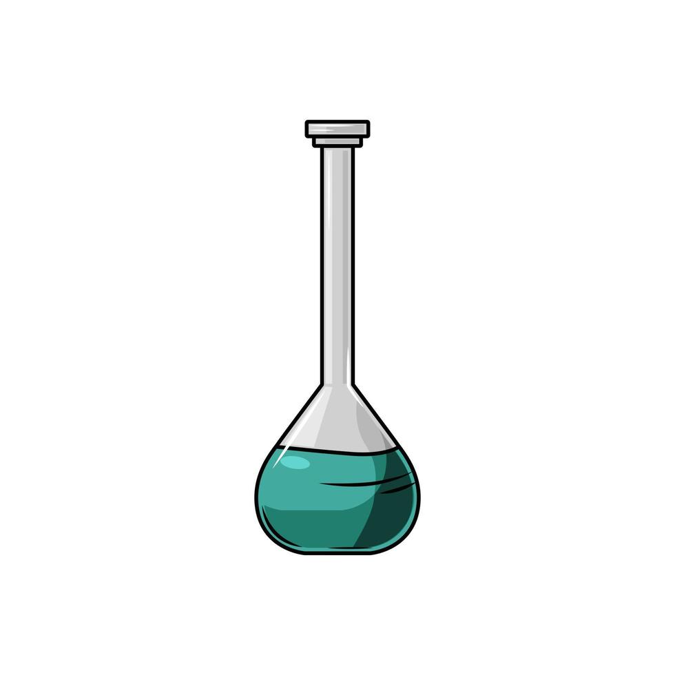 Flask. Laboratory utensils are filled with a green liquid isolated on a white background. Icon. Vector cartoon illustration