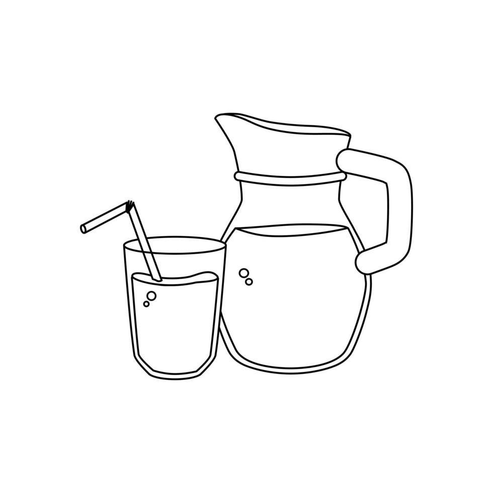 Jug and glass with liquid in the outline style on a white isolated background. Vector illustration of a drink.