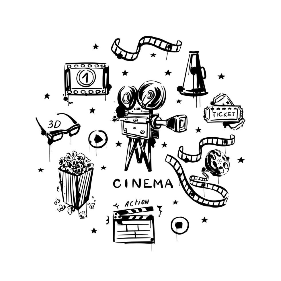 Movie  hand-drawn set on a white isolated background. Black and white vintage video camera, reel with tape, popcorn, megaphone. Vector illustration