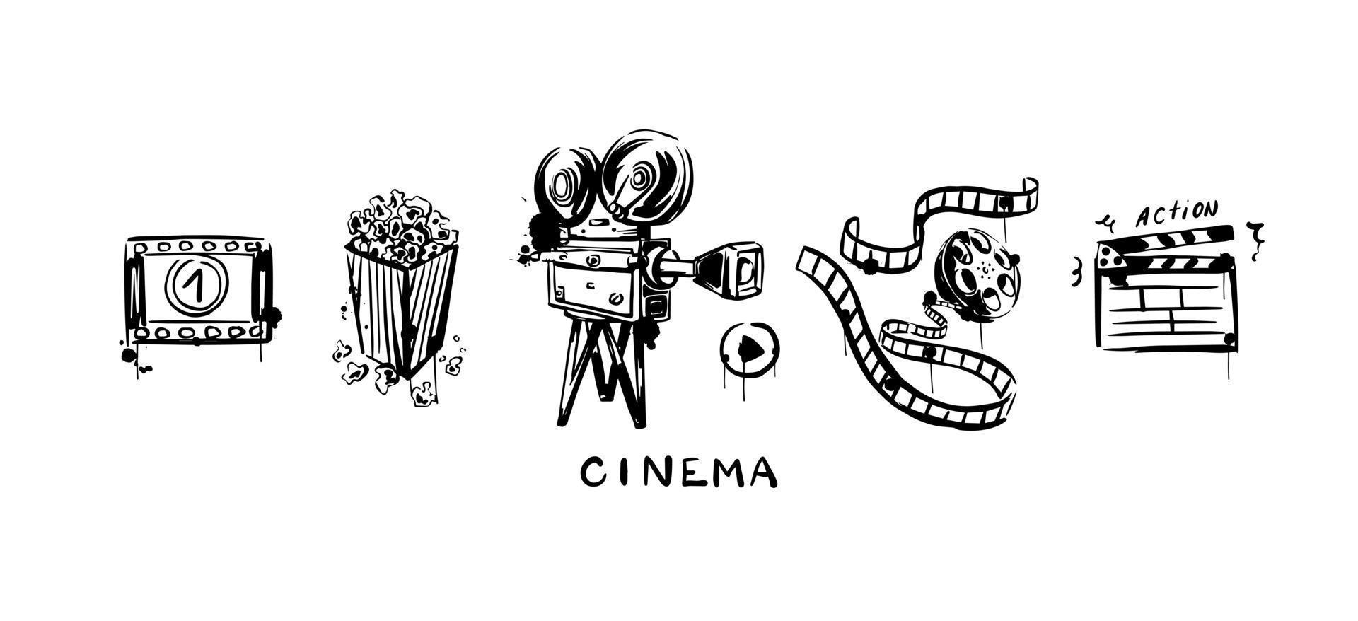 Vintage set of movie camera, tape, popcorn sketch on a white isolated background. Vector hand-drawn illustration.