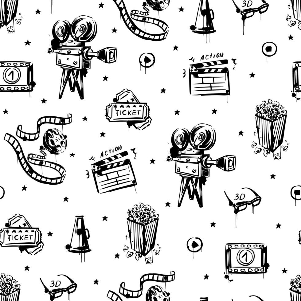 Cinema sketch is a seamless pattern on a white isolated background. Vintage movie camera, popcorn, reel with tape hand-drawn vector illustration.