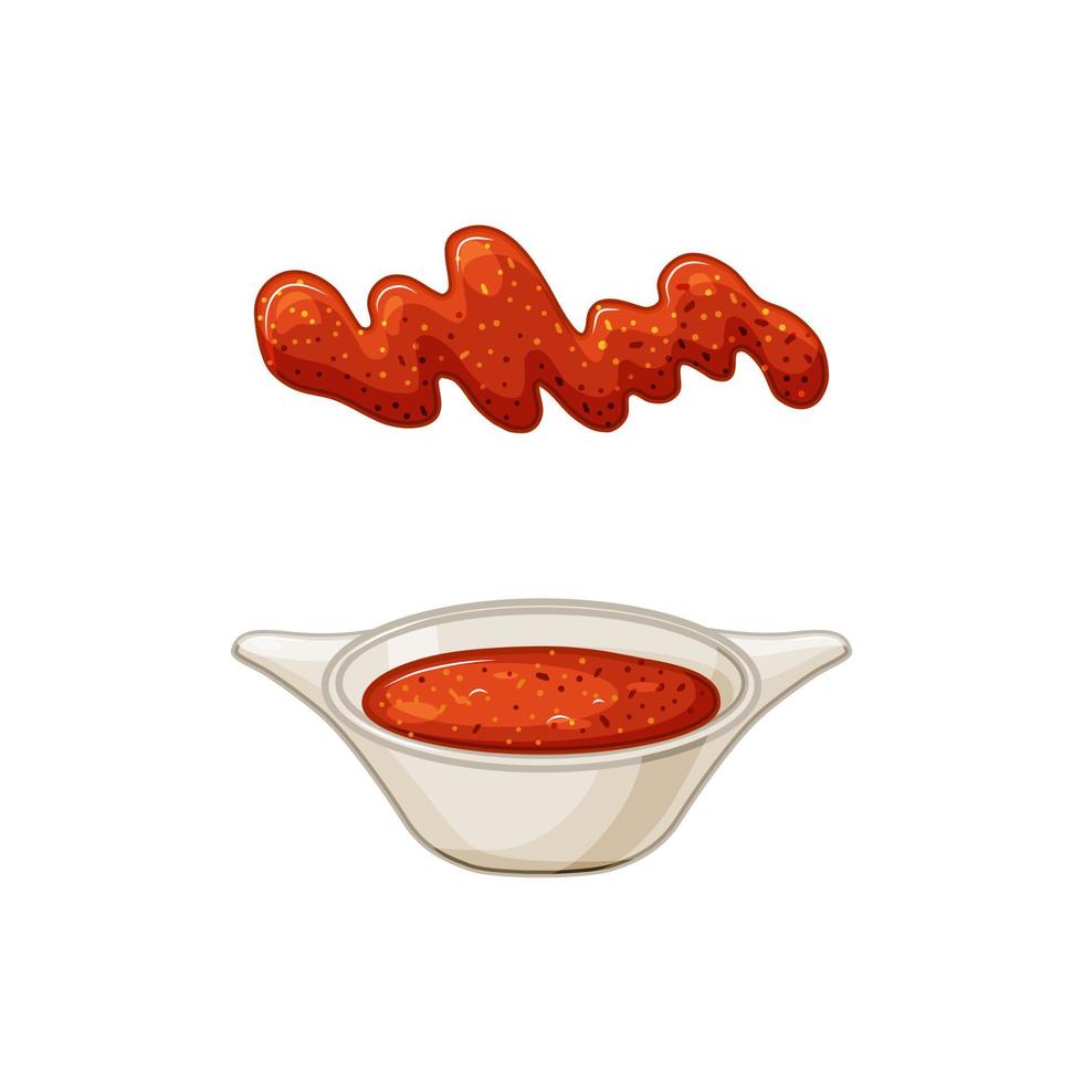 Hot chili sauce in a bowl on a white isolated background. Sauce spill, stain. Vector cartoon illustration.