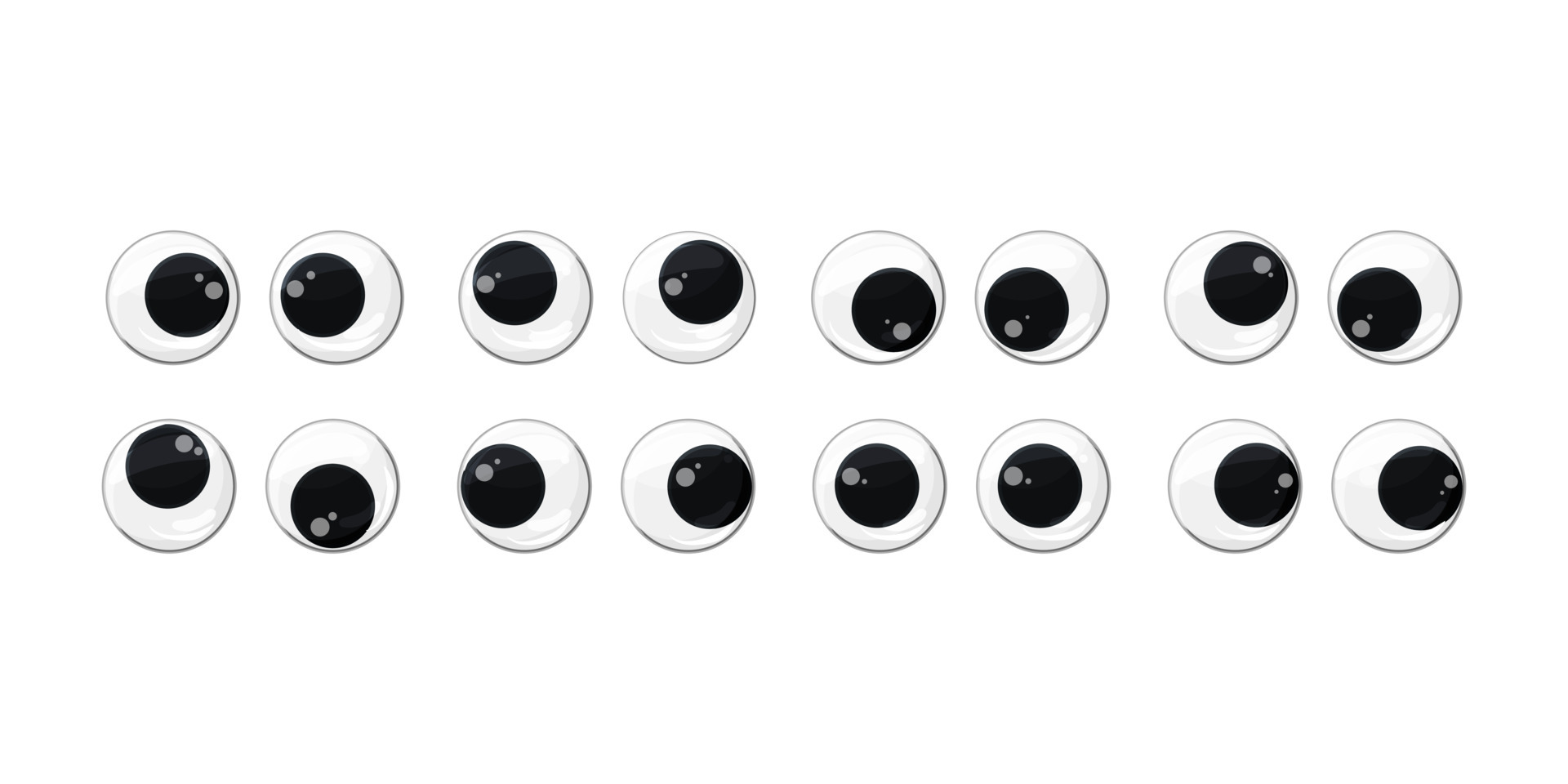 Various, funny plastic toy eyes set on a white isolated background