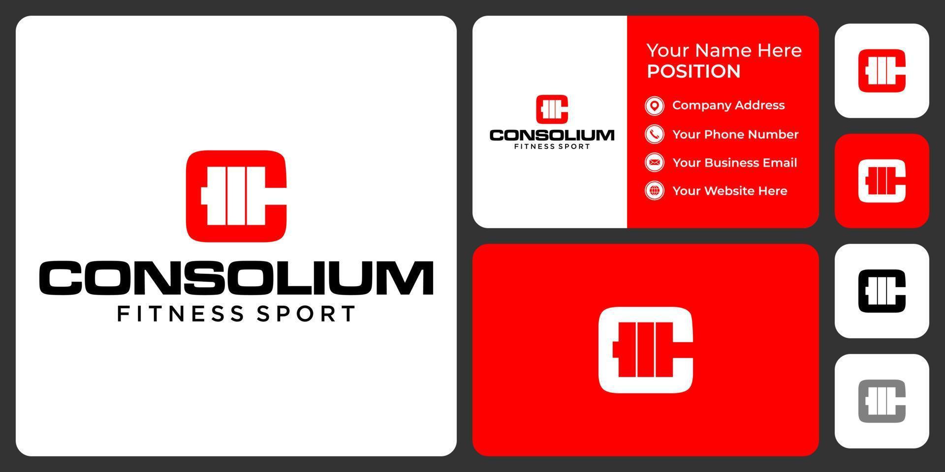 Letter C monogram dumbbell logo design with business card template. vector