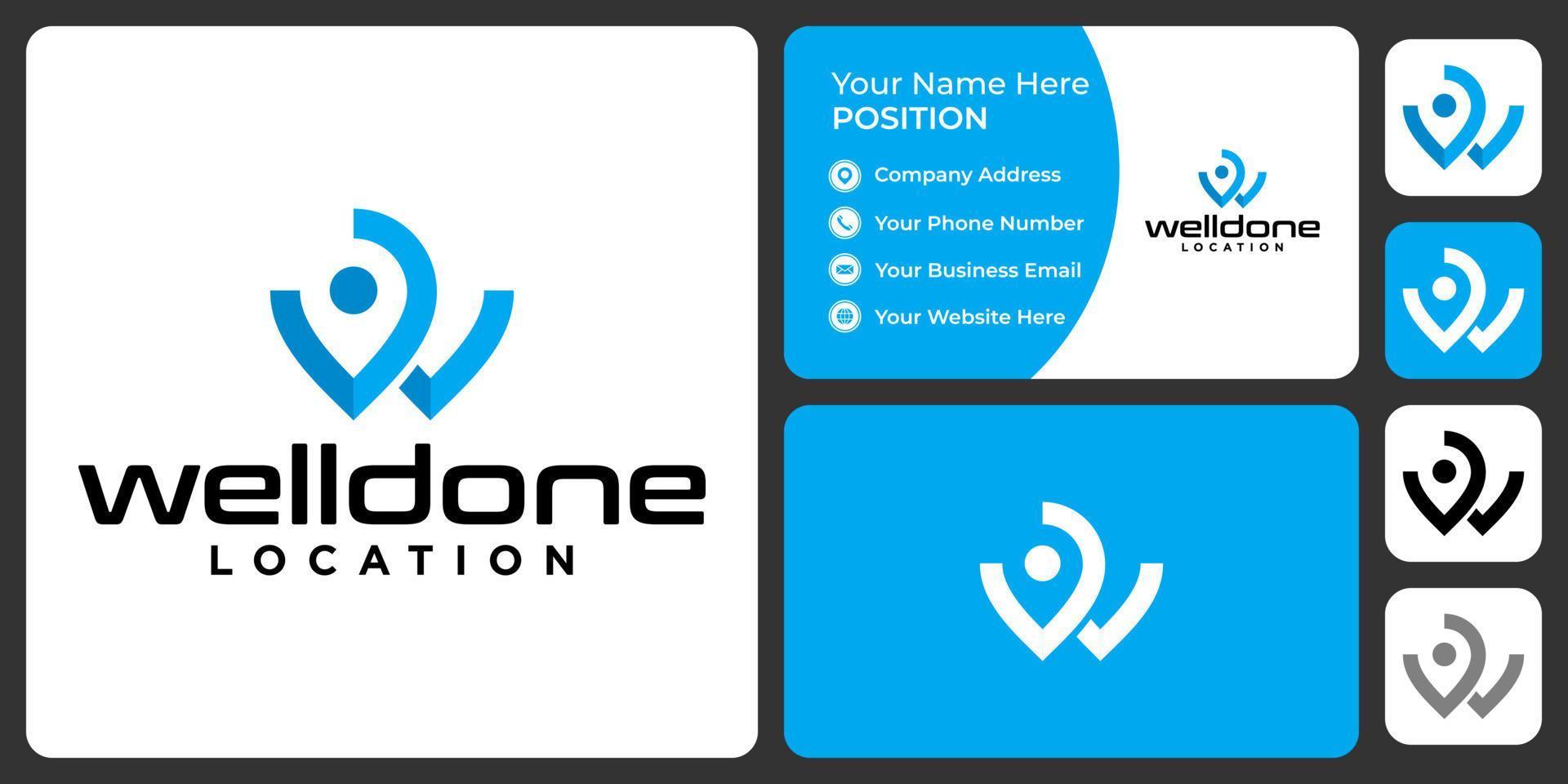 Letter w monogram location logo design with business card template. vector