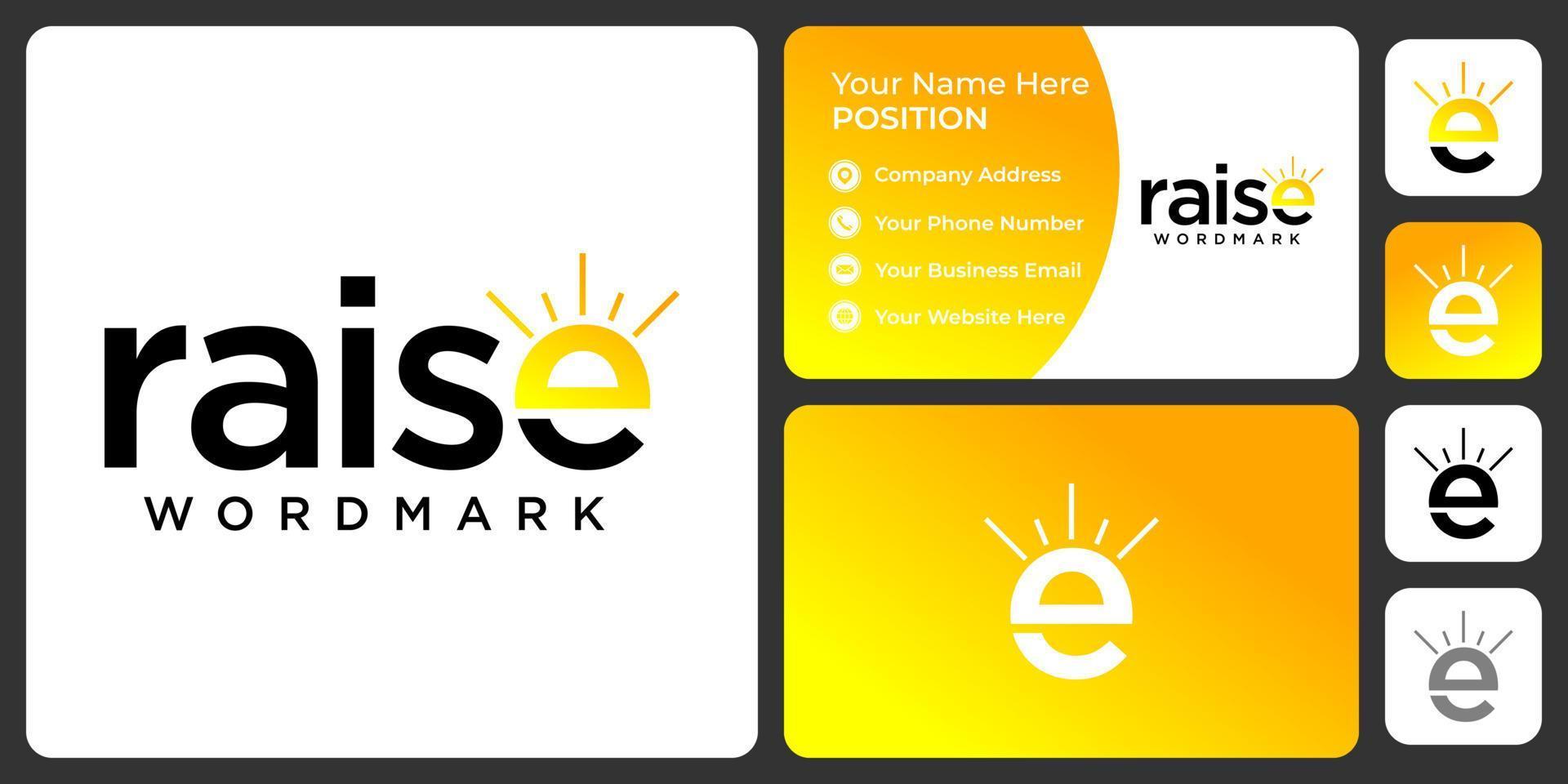 Letter e monogram sunrise logo design with business card template. vector