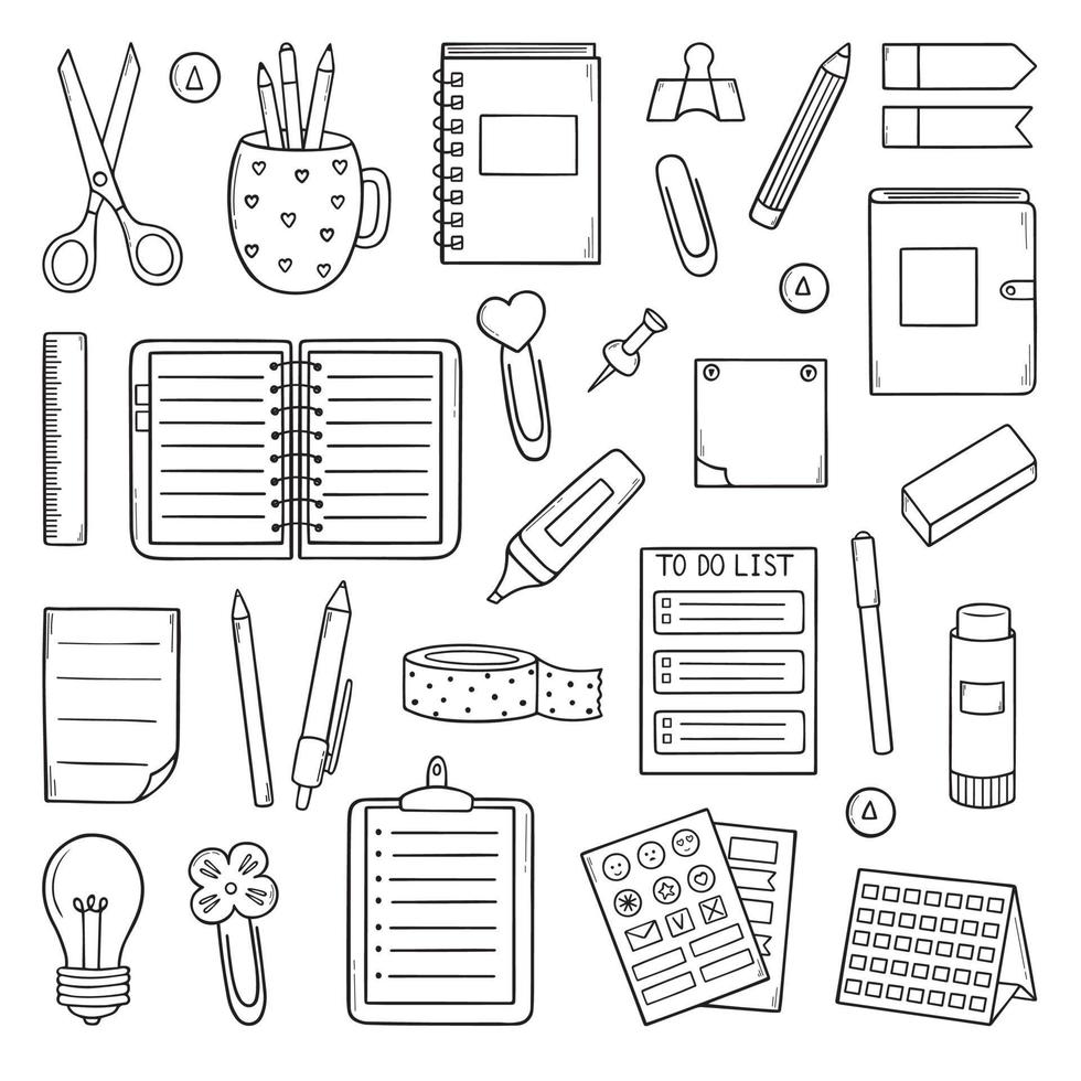 Hand drawn set of Planner and Bullet journal elements. Doodle sketch