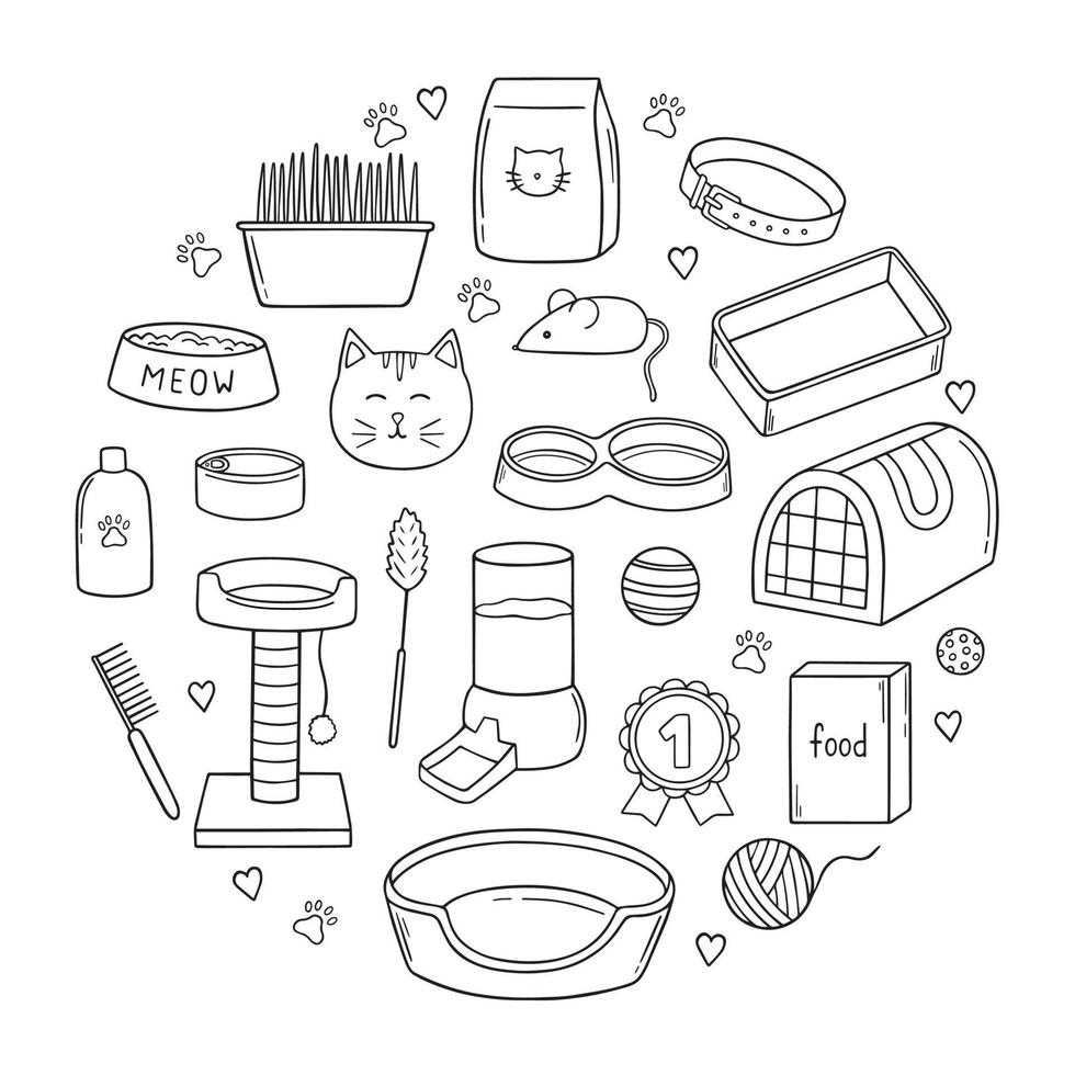 Hand drawn set of cat and pet accessories doodle. Supplies and equipment cats in sketch style. Bowl, toys, collar, food. Vector illustration isolated on white background.