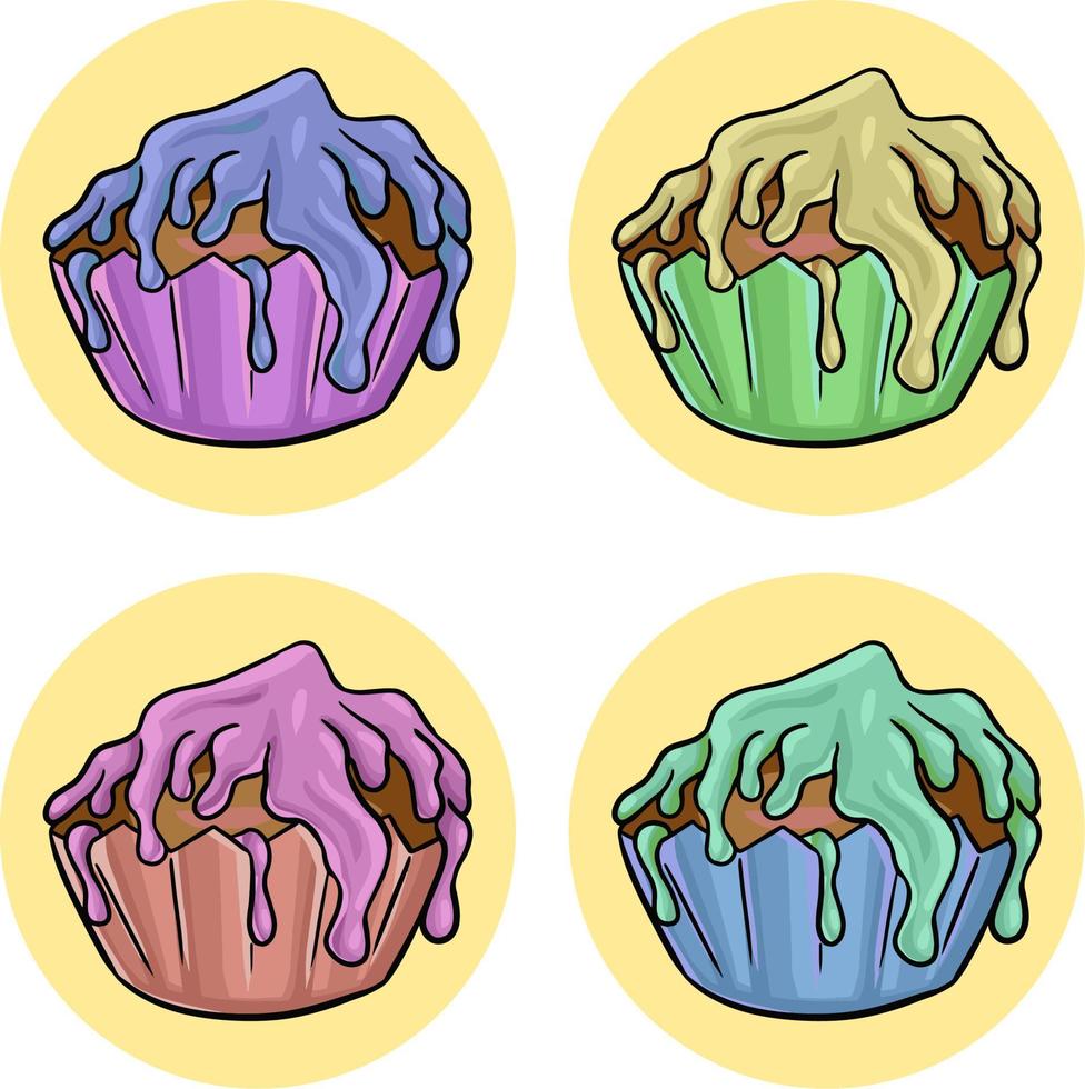 Festive cupcakes with multicolored fruit glaze, on a round yellow background. Vector illustration for postcards, badge, logo and stickers, design element