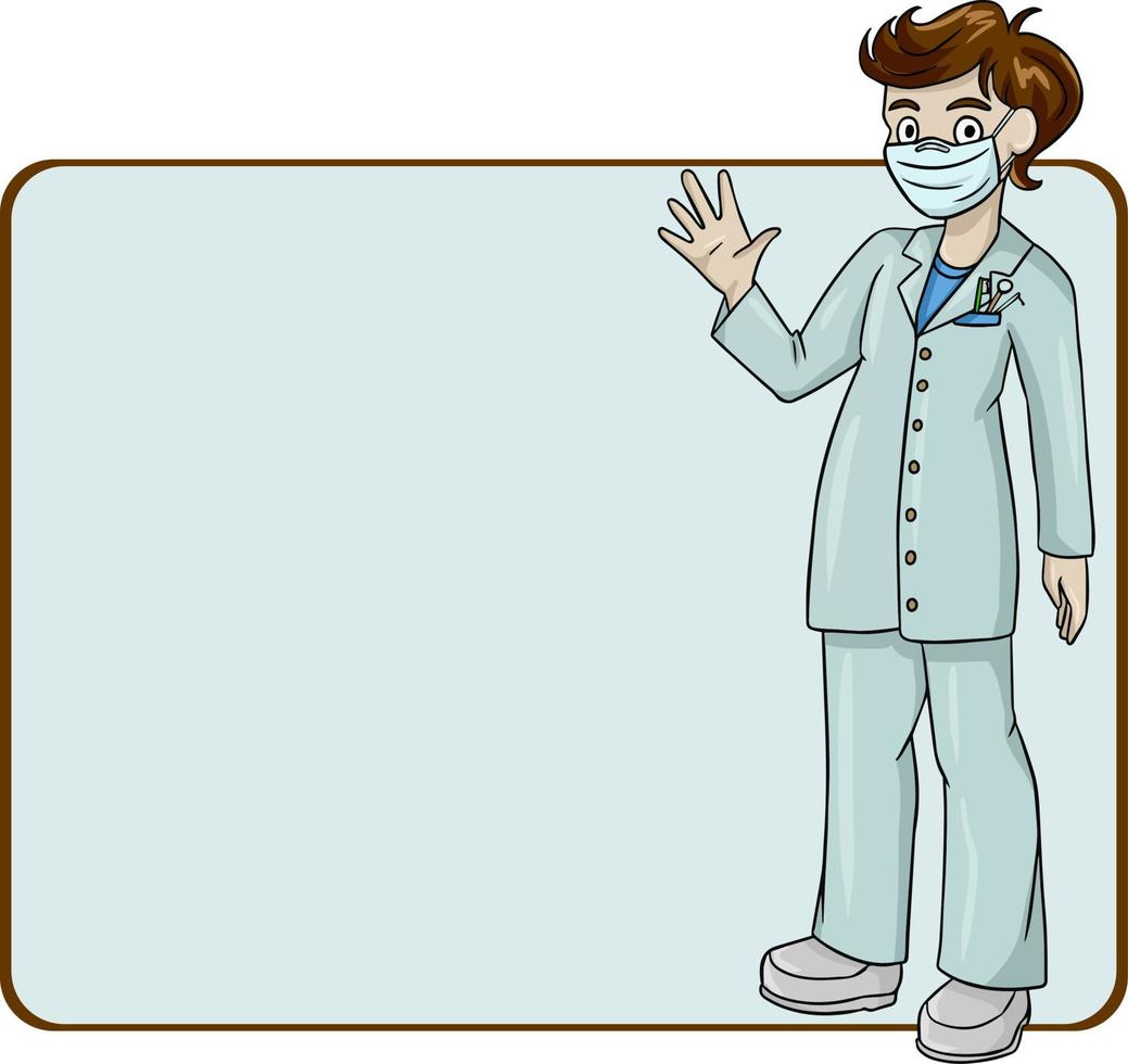 A card, a business card with an empty place to insert. A doctor, a dentist stands in a doctor's suit and mask, taking care of their health. Vector illustration for dental care