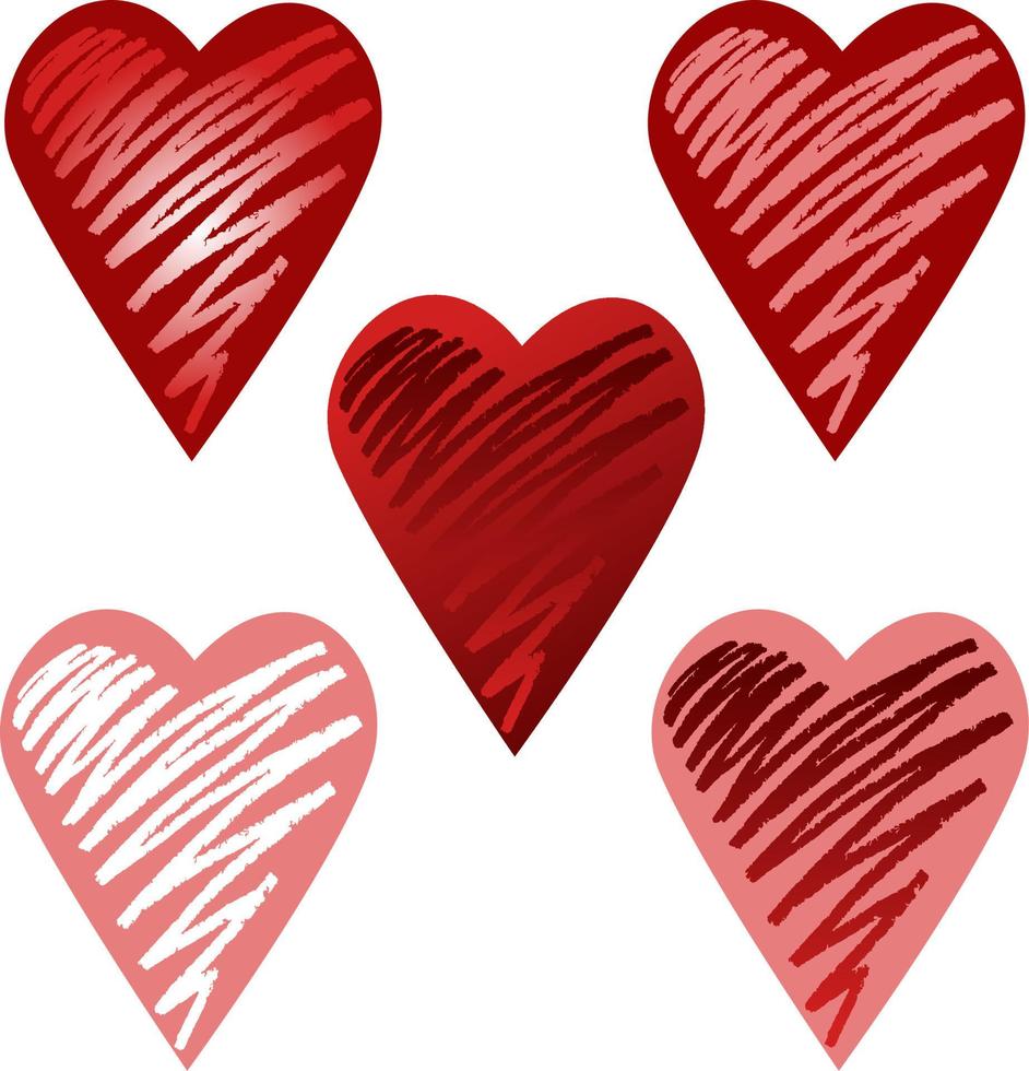 Collection Red and white heart on pink and red background, hand-drawn, isolated on transparent background. A design element. Vector illustration