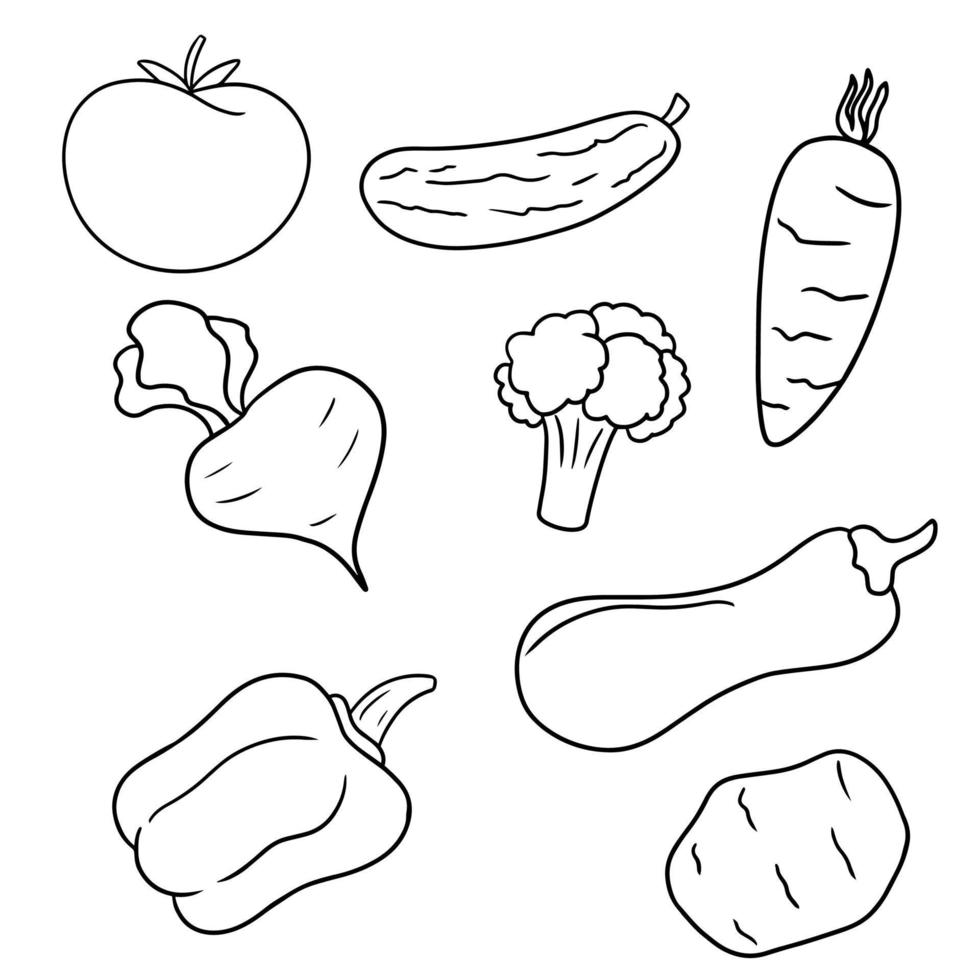 ilustración monocromática una colección de verduras, imágenes coloridas con un contorno negro, páginas para colorear, imágenes minimalistas para decorar verduras y paquetes vector