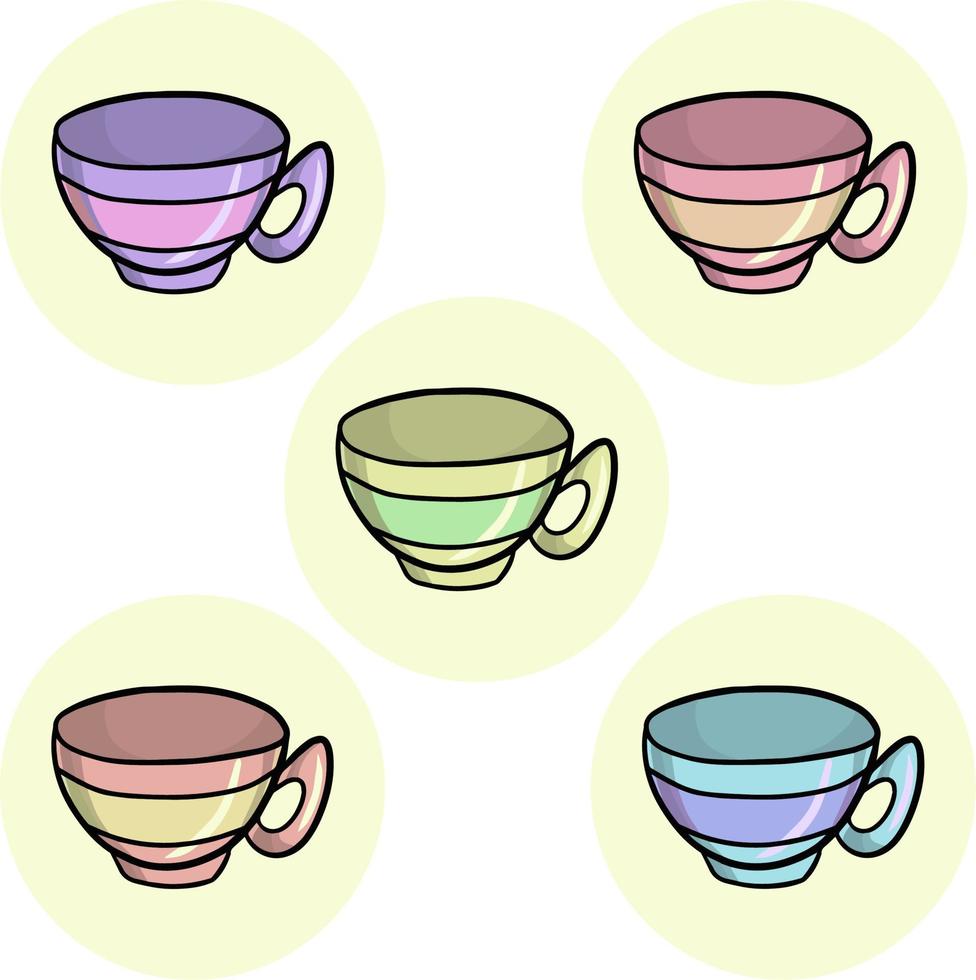 Collection of round cards. A set of colorful cups for tea or coffee for breakfast. A set of six cups of different colors. Vector illustration