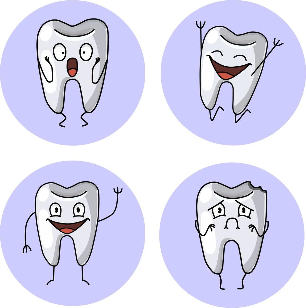 Vector illustration. A set of cute cartoon teeth with different moods, logo, design elements