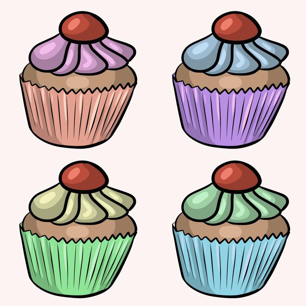 A set of beautiful cupcake with berries and colorful cream. Vector illustration for postcards, calendars and stickers on a light pink background