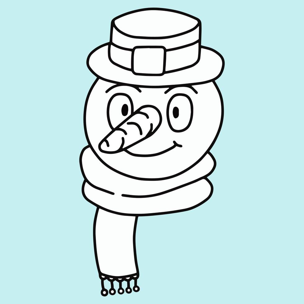 Cartoon character in a scarf and hat smiling, black and white vector illustration on a blue background, badge, postcard