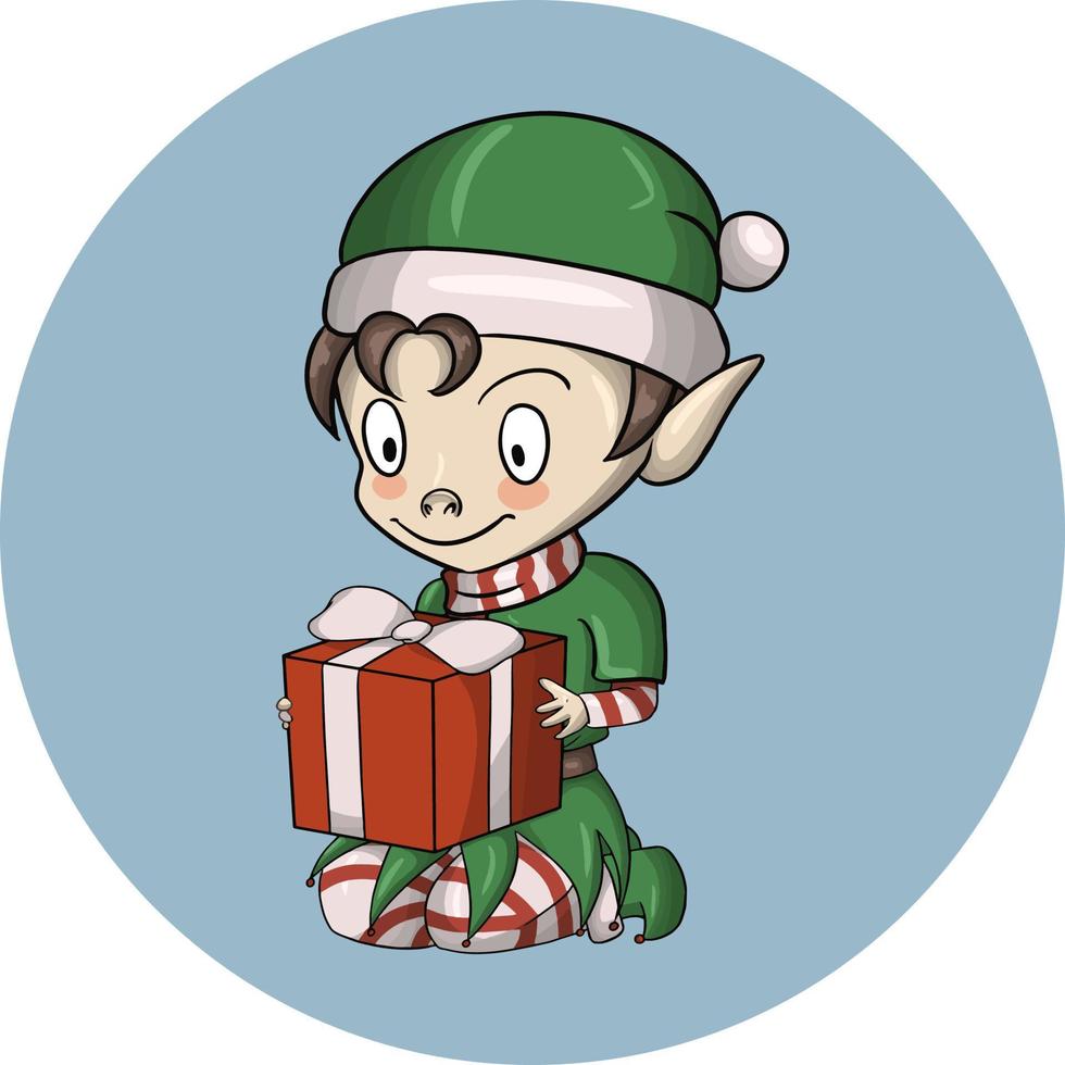 Cute little elf, Santa's helper, sits and holds a red gift box, a design element. Vector illustration on a light background