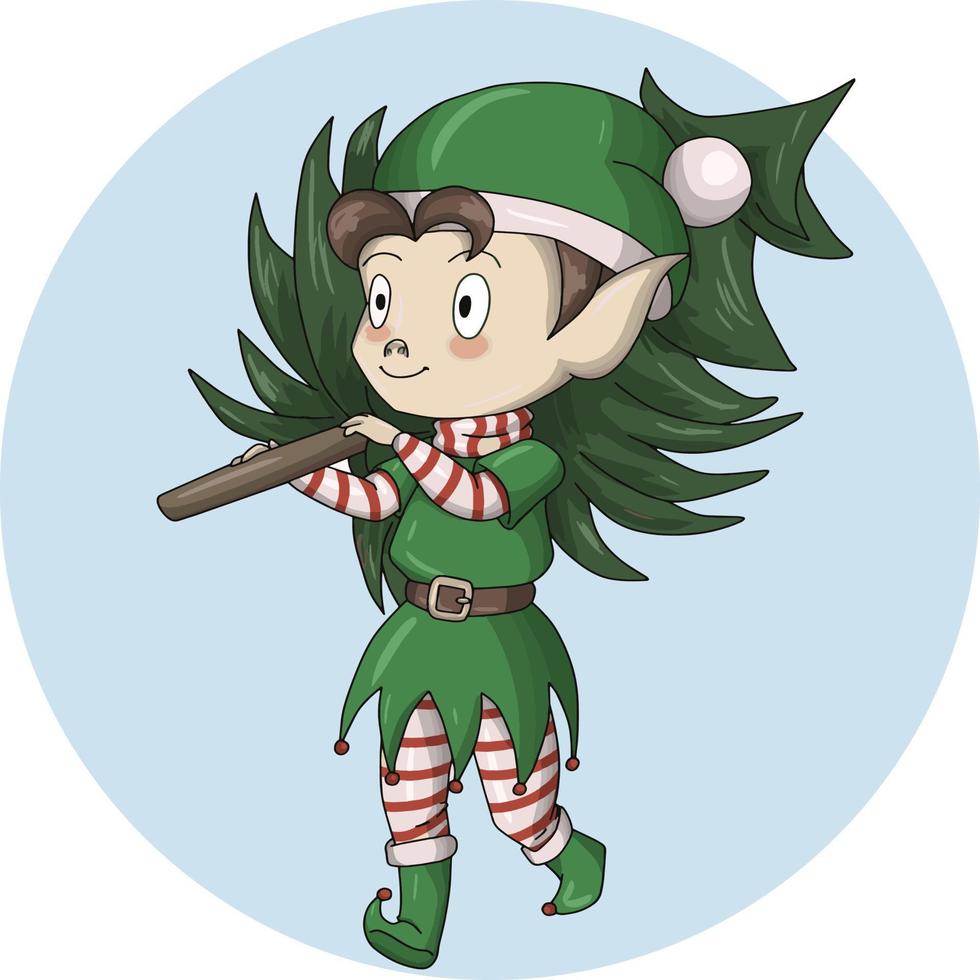 Santa's little elf helper carries a Christmas tree, vector illustration, on a blue background, postcard design element, emblem, icon