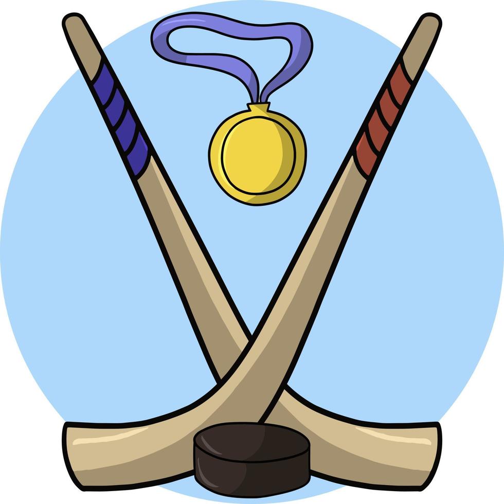 A set with two hockey sticks and a puck, a gold medal, a round card, an emblem, a logo. Vector illustration.