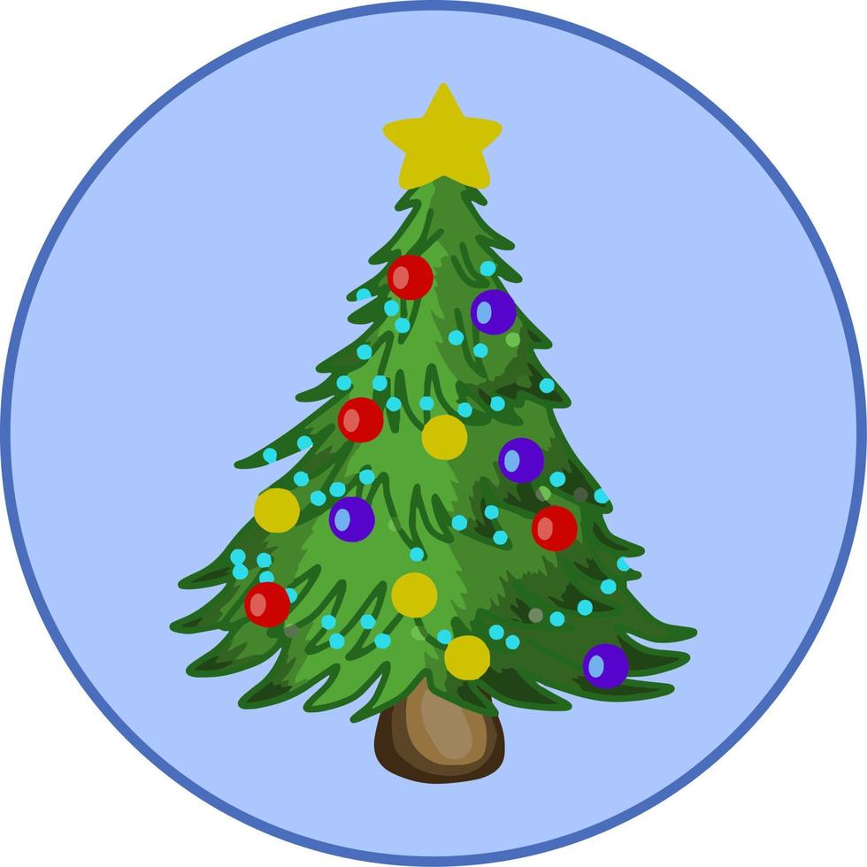 Vector illustration, elegant cartoon green Christmas tree, decorated with round multicolored balls, on a round blue background, design element, badge, emblem