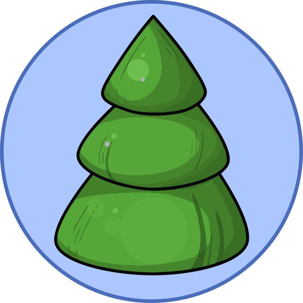 Cartoon stylized green Christmas tree, on a round blue background, design element, badge, emblem, Vector illustration
