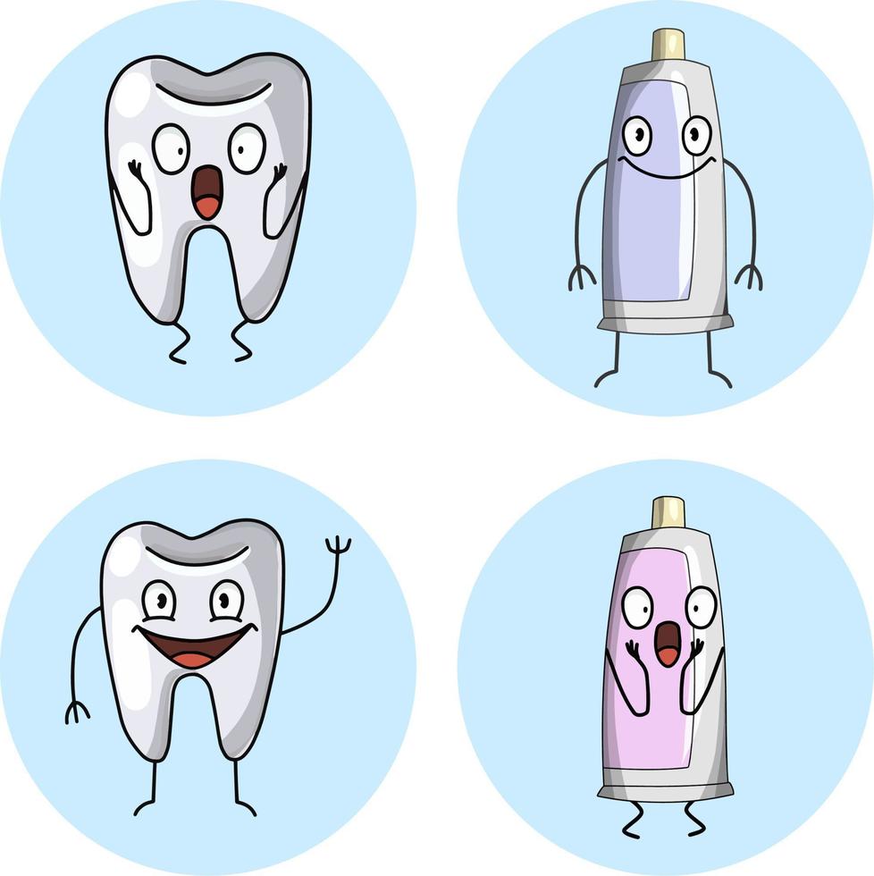Collection of badges, dentistry, prevention, toothpaste for brushing teeth, happy and surprised toothpaste. Illustration for packaging, vector illustration