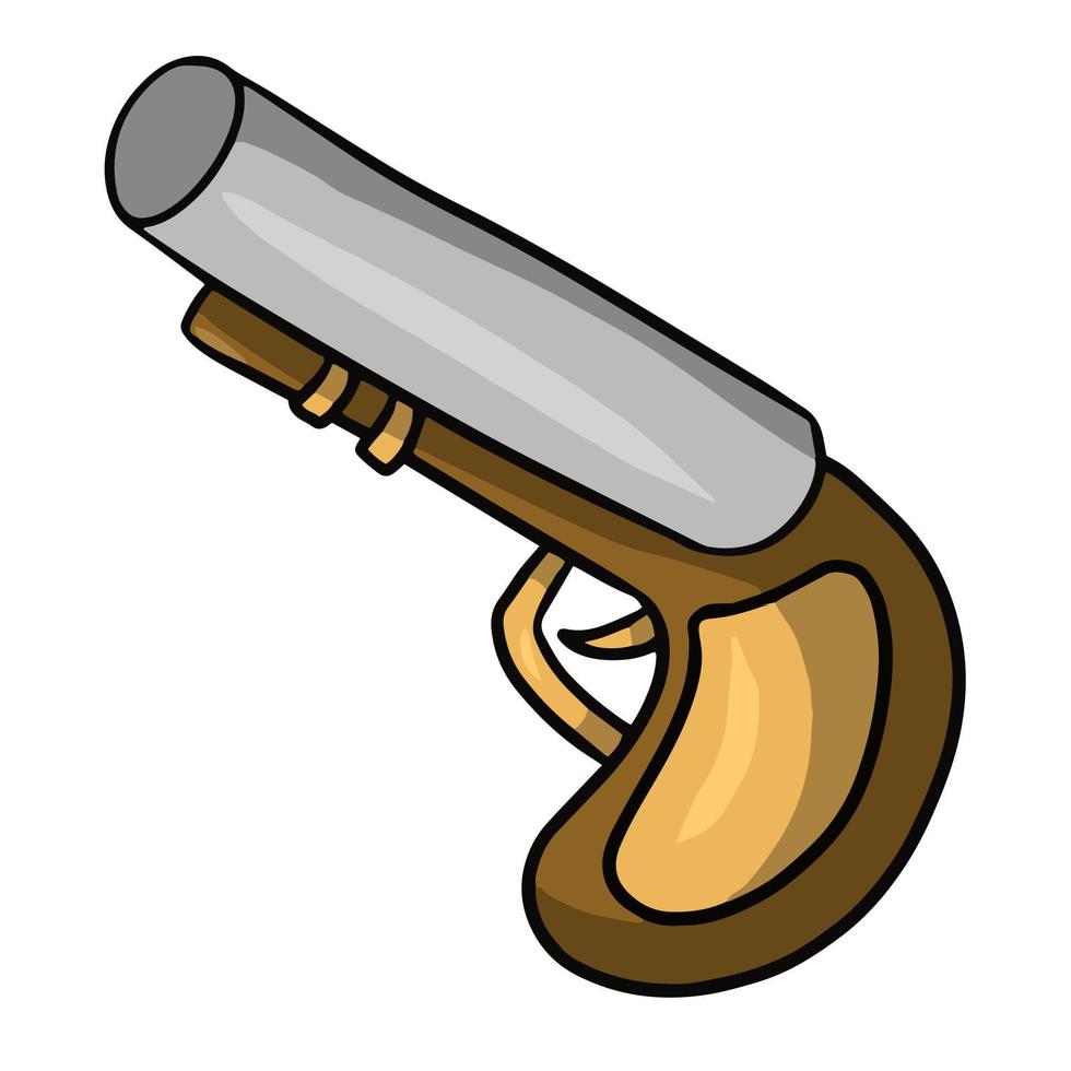 Cartoon toy gun, pirate weapon with wooden handle, vector illustration