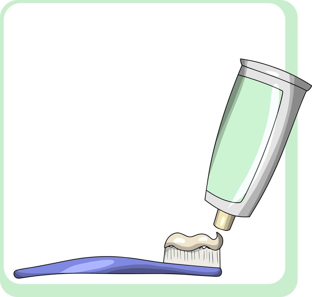 Vector illustration. Toothpaste for brushing teeth, blue toothbrush with paste, square card with an empty place to insert