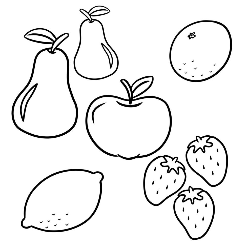 Monochrome set, coloring on a white background. Ripe fruits drawn ...