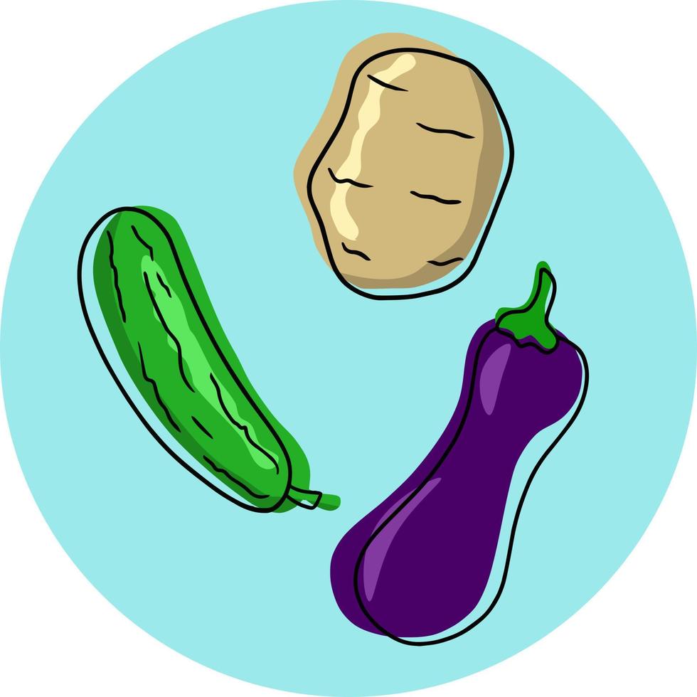 Round postcard with fresh vegetables, cucumber, potato, eggplant, on a blue background, vector illustration.