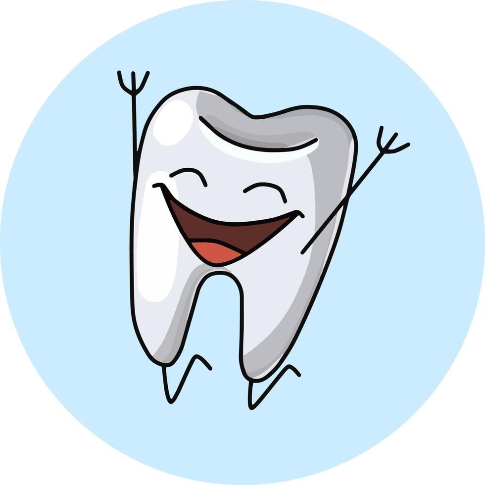 Cartoon cute tooth, smiling and jumping for joy, vector illustration on a round blue background, logo icon, design element