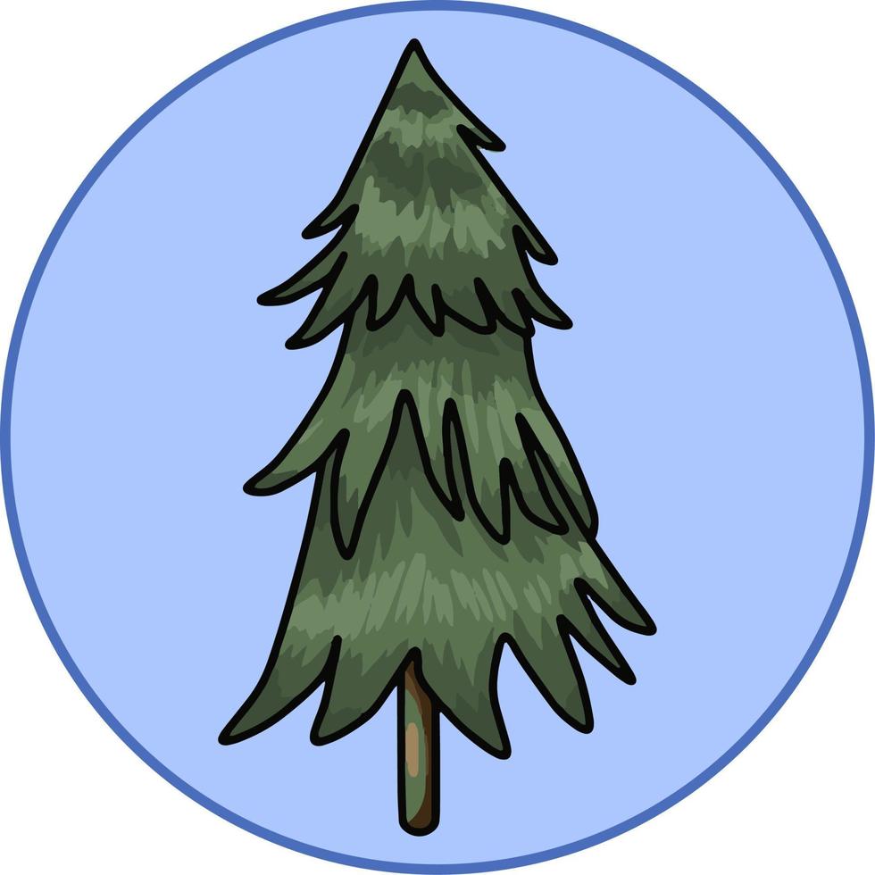 Vector illustration, high cartoon dark green Christmas tree, on a round blue background, design element, badge, emblem