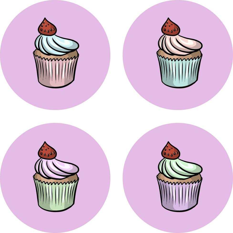 A festive cupcake with multicolored cream and a berry at the top, on a round pink background. Vector illustration for postcards, icon, logo and stickers, design element