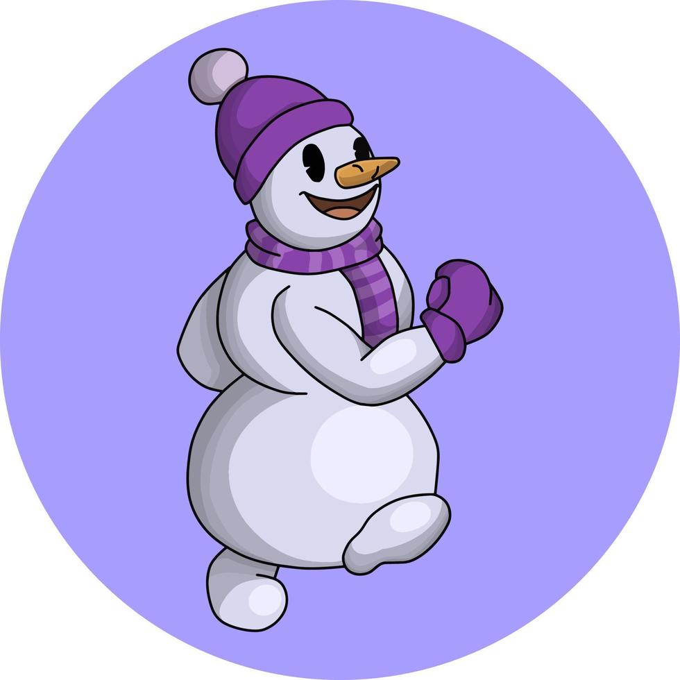 The cartoon character is a cheerful snowman in a purple hat and scarf, the snowman is coming. Vector illustration on a round blue background