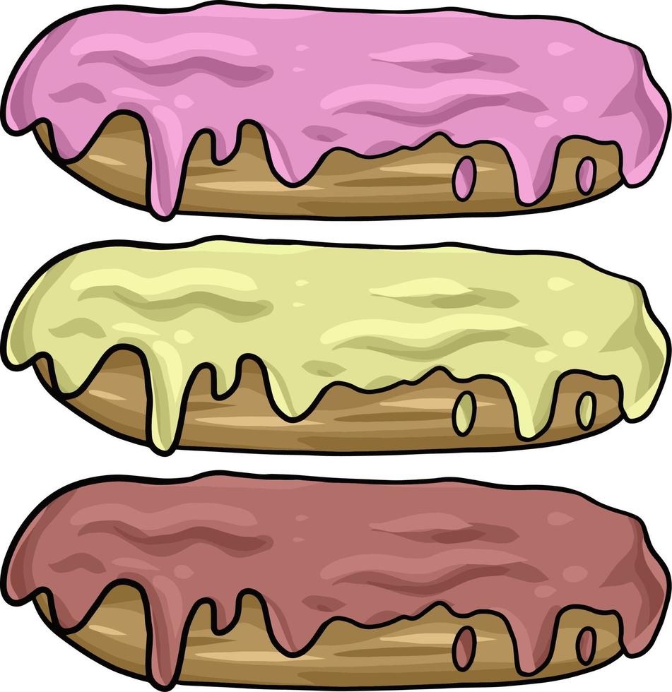 hermosos eclairs grandes con diferentes rellenos y glaseado de frutas multicolores, ilustración vectorial en un fondo transparente, elemento de diseño vector