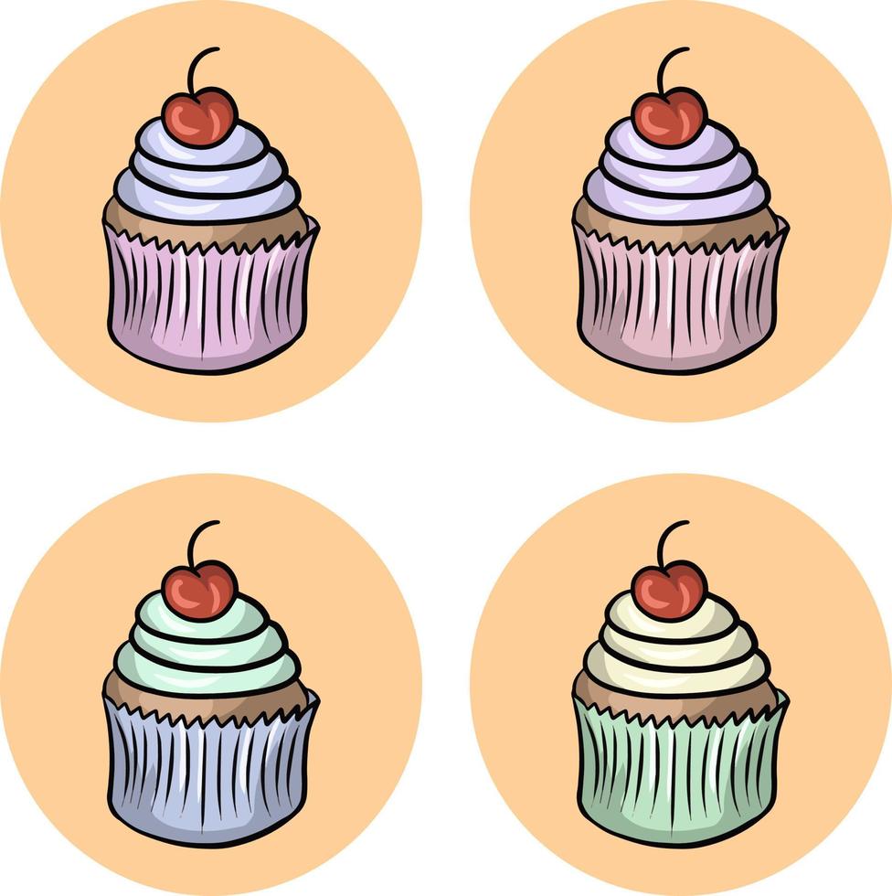 A set of Cupcakes with a large cream cap and a cherry in colorful cups. Vector illustration for postcards, icons and stickers on a light orange background
