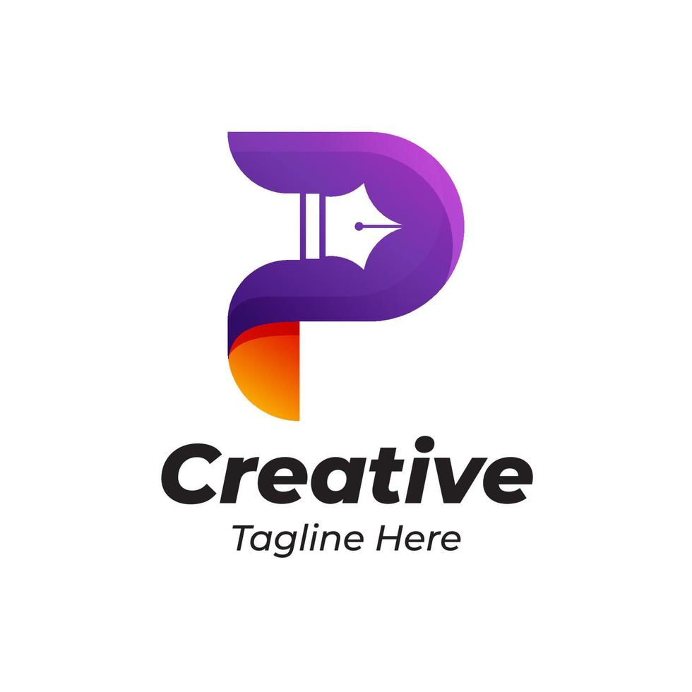 Creative letter P logo design template with pen shape gradient colorful vector